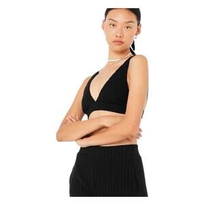 Alo Ribbed Take Comfort Bra Black Deep V-Neckline Low Impact Support Size M